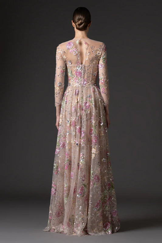 Long-Sleeved Floral Embroidered Tulle Dress