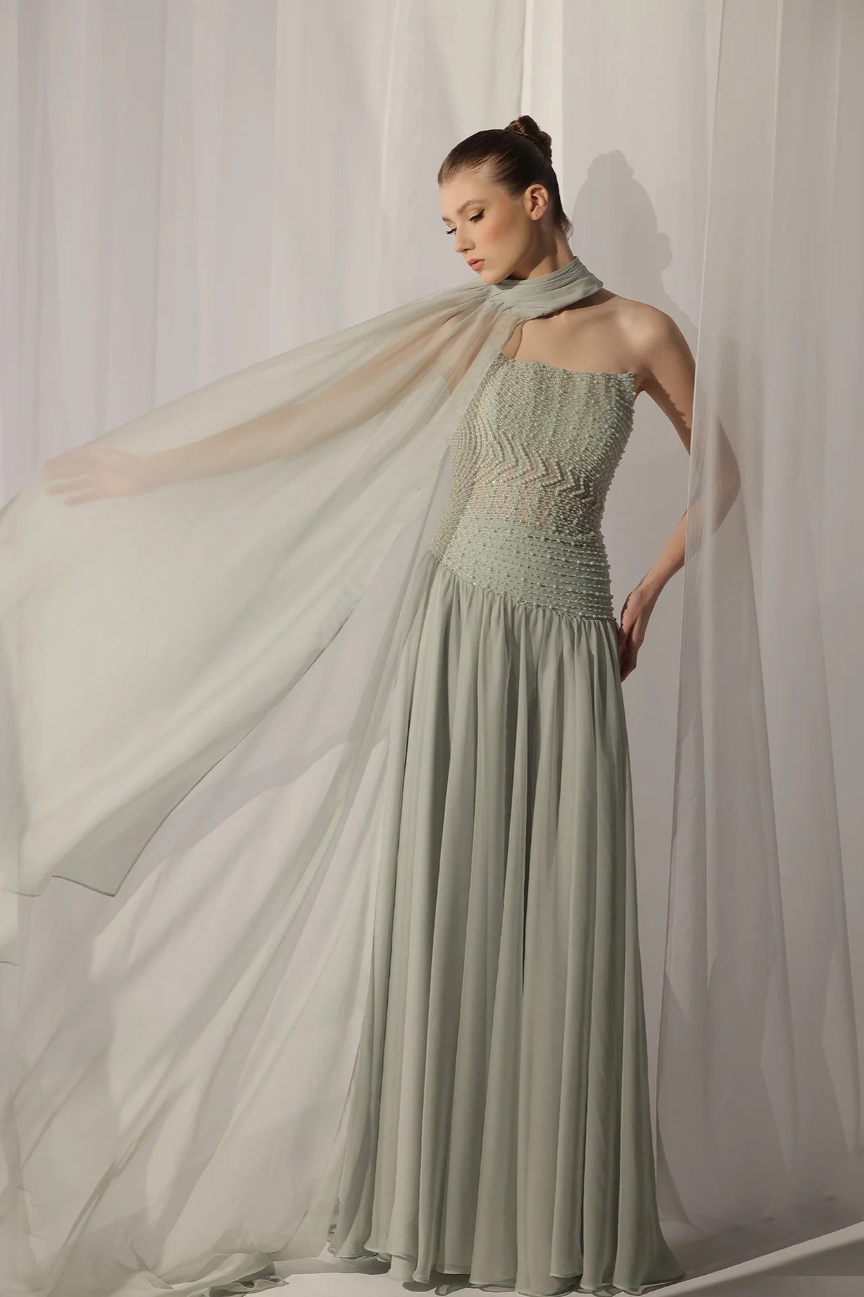 Mint Strapless Pearl Beaded Gown