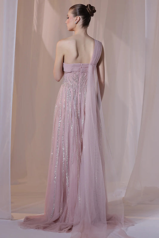 Blush One-Shoulder Beaded Gown