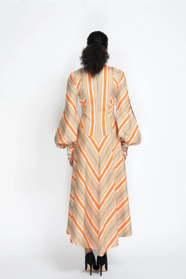 Striped Twill Dress with Blouson Sleeves