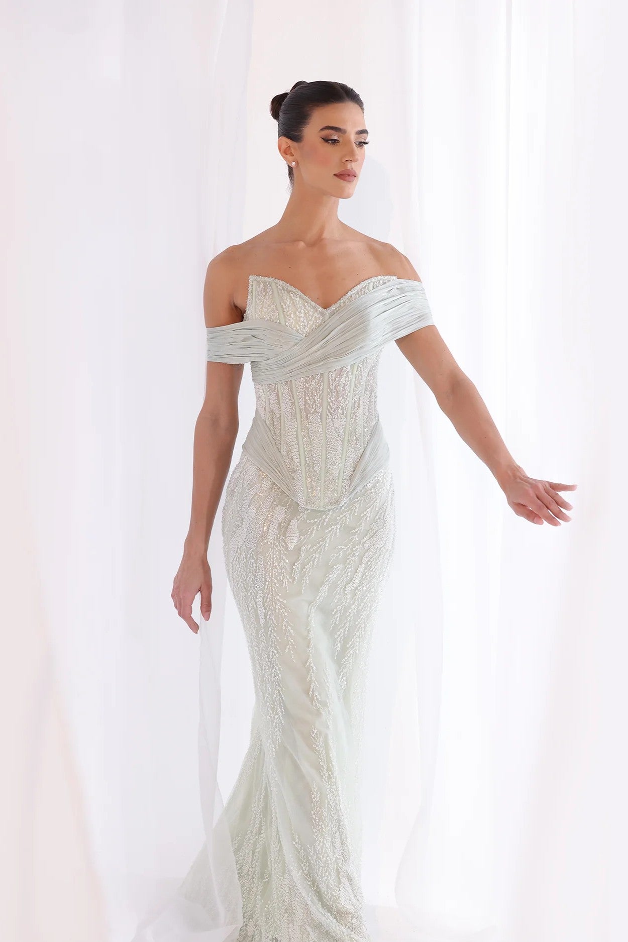 Mint Off-Shoulder Corset Gown