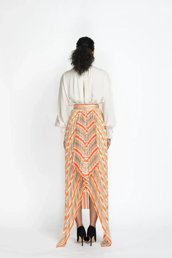 Striped Twill Sunburst Pleated Skirt