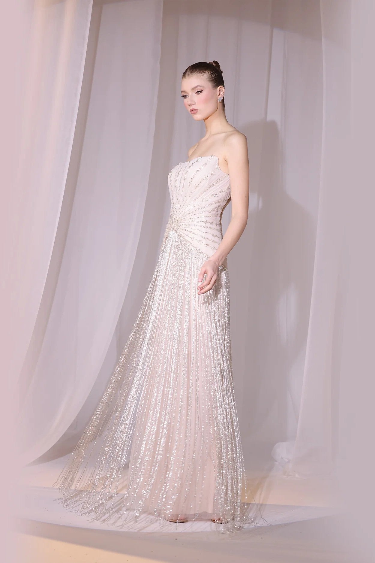 Blush Strapless Fringe Gown