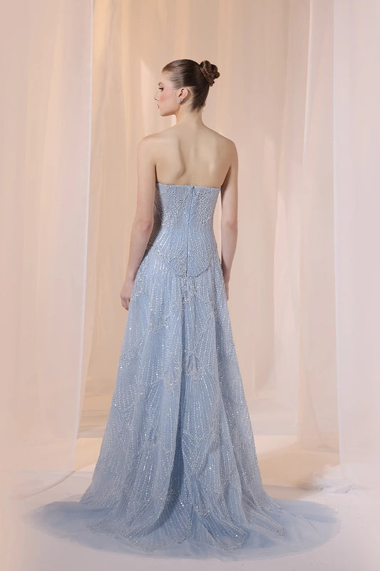 Blue Strapless Basque Corset Gown