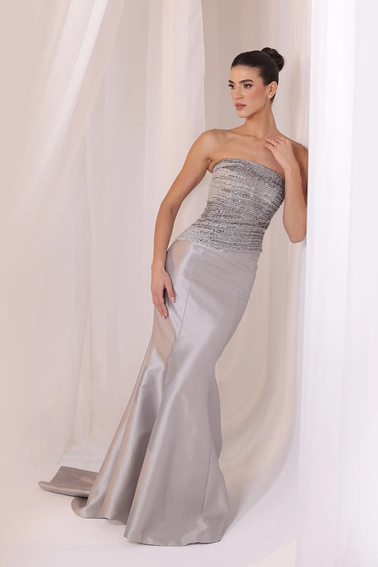 Grey Strapless Satin Mermaid Gown