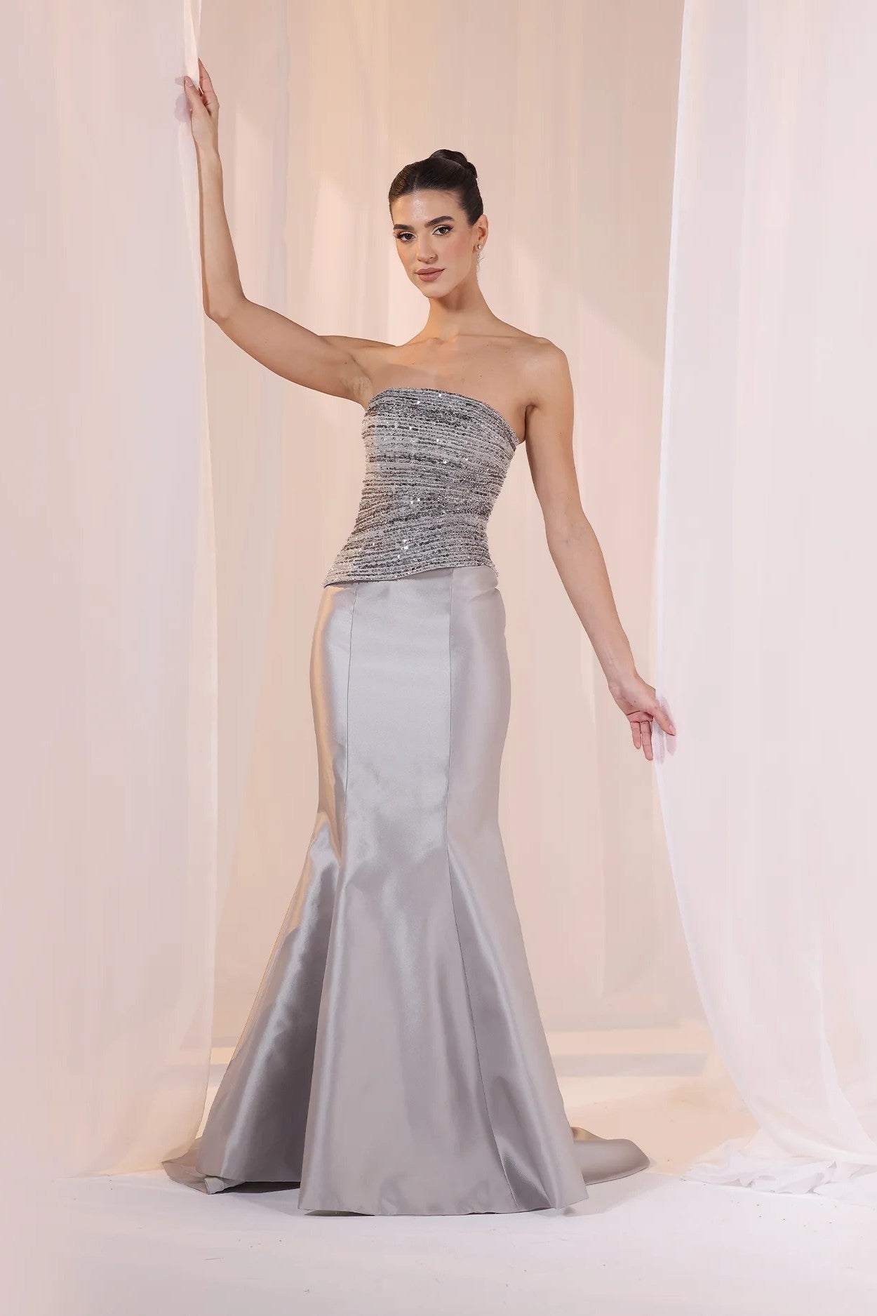 Grey Strapless Satin Mermaid Gown
