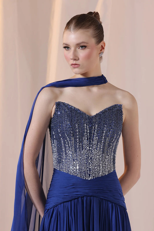 Royal Blue Strapless Beaded Gown