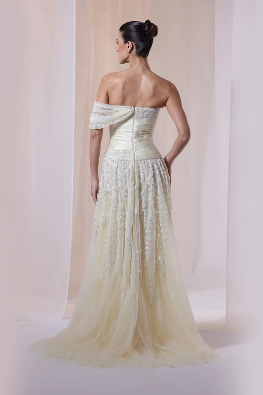 Yellow Off-Shoulder Beaded Gown