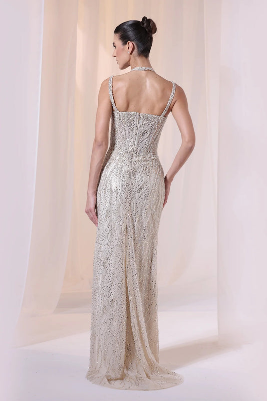 Silver Embellished Halter-Neck Gown