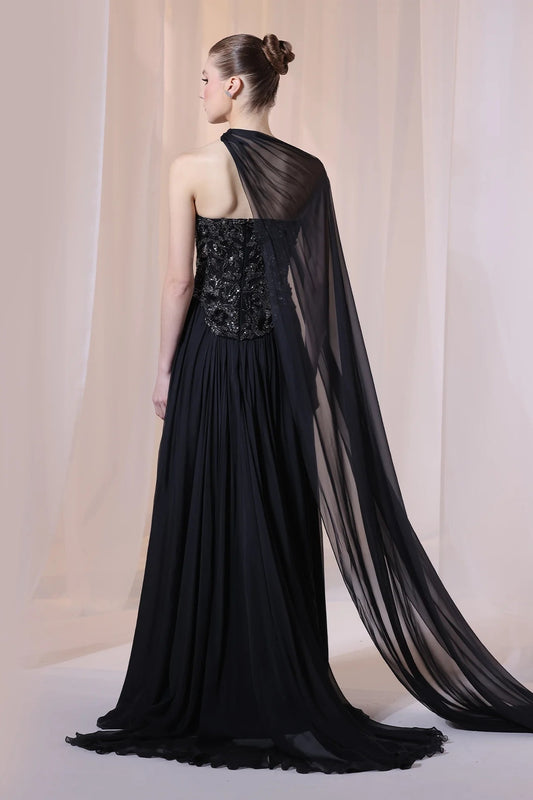 Black Strapless 3D Embroidered Gown