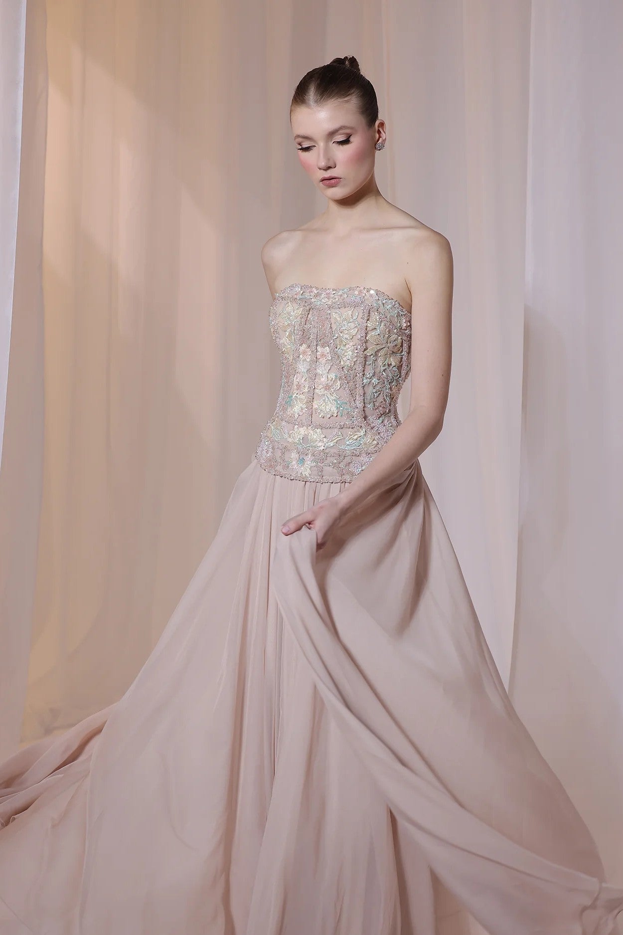 Nude Strapless Floral Embroidered Gown
