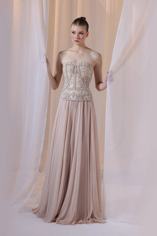 Nude Strapless Floral Embroidered Gown