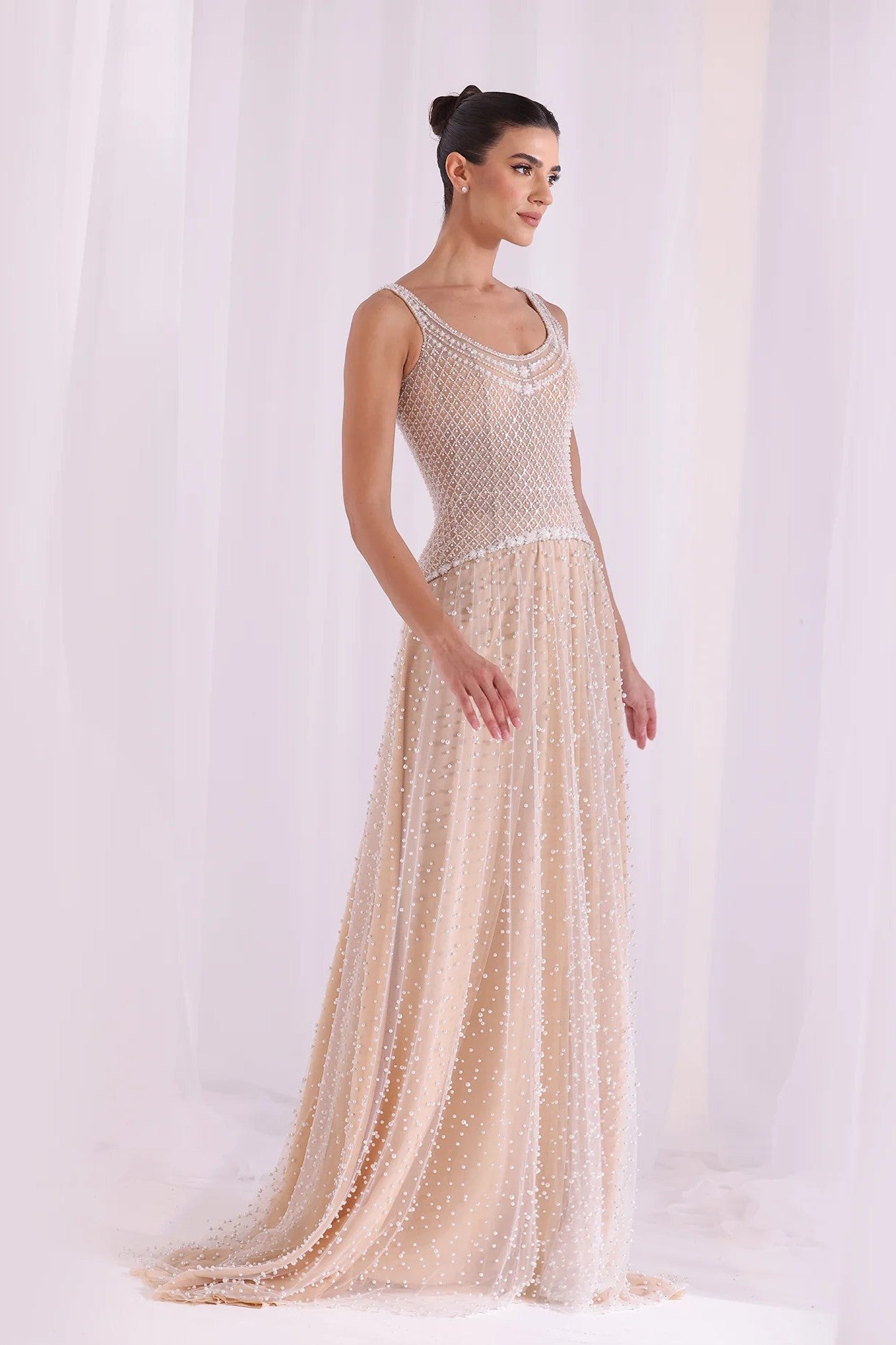 Sleeveless Pearl Beaded Gown