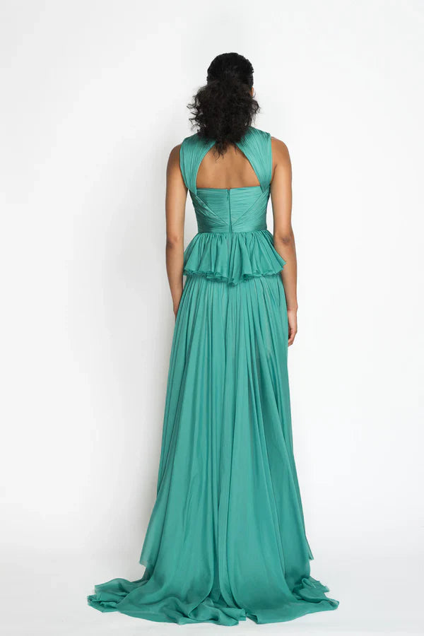 Lagoon Blue Hand Pleated Silk Mousseline Gown