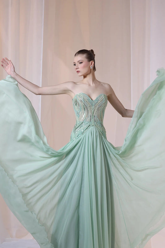 Mint Strapless Beaded Corset Gown