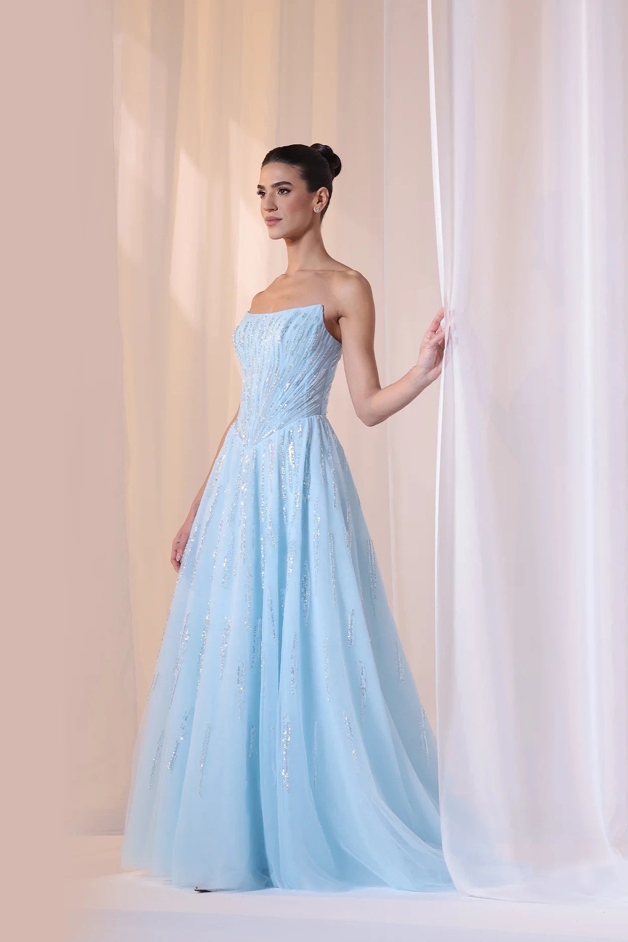 Sky Blue Strapless Beaded Gown