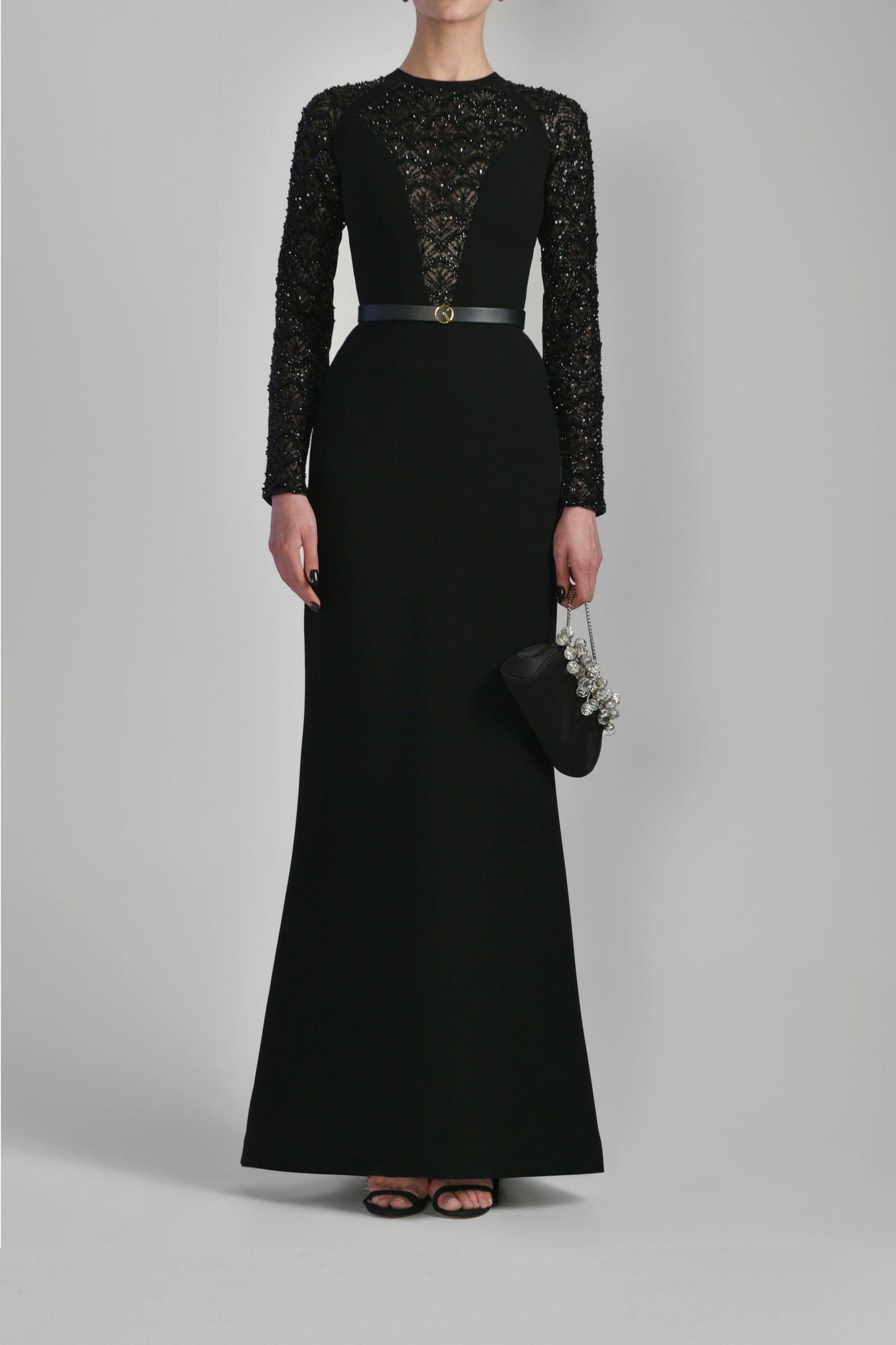 Beaded Canton Crepe Flared Gown