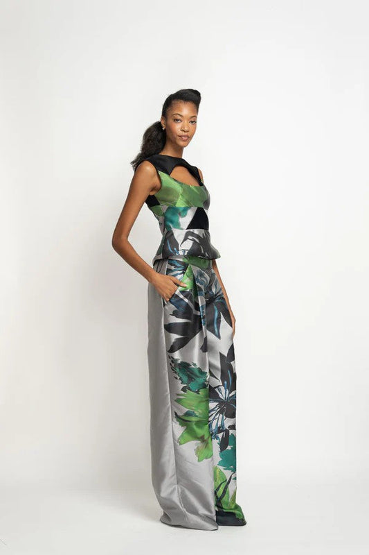 Silver and Green Lata Printed Barathea Top