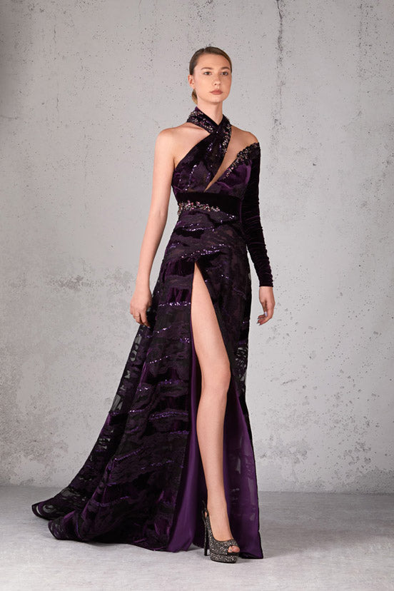 High Neck Embellished Slit Gown