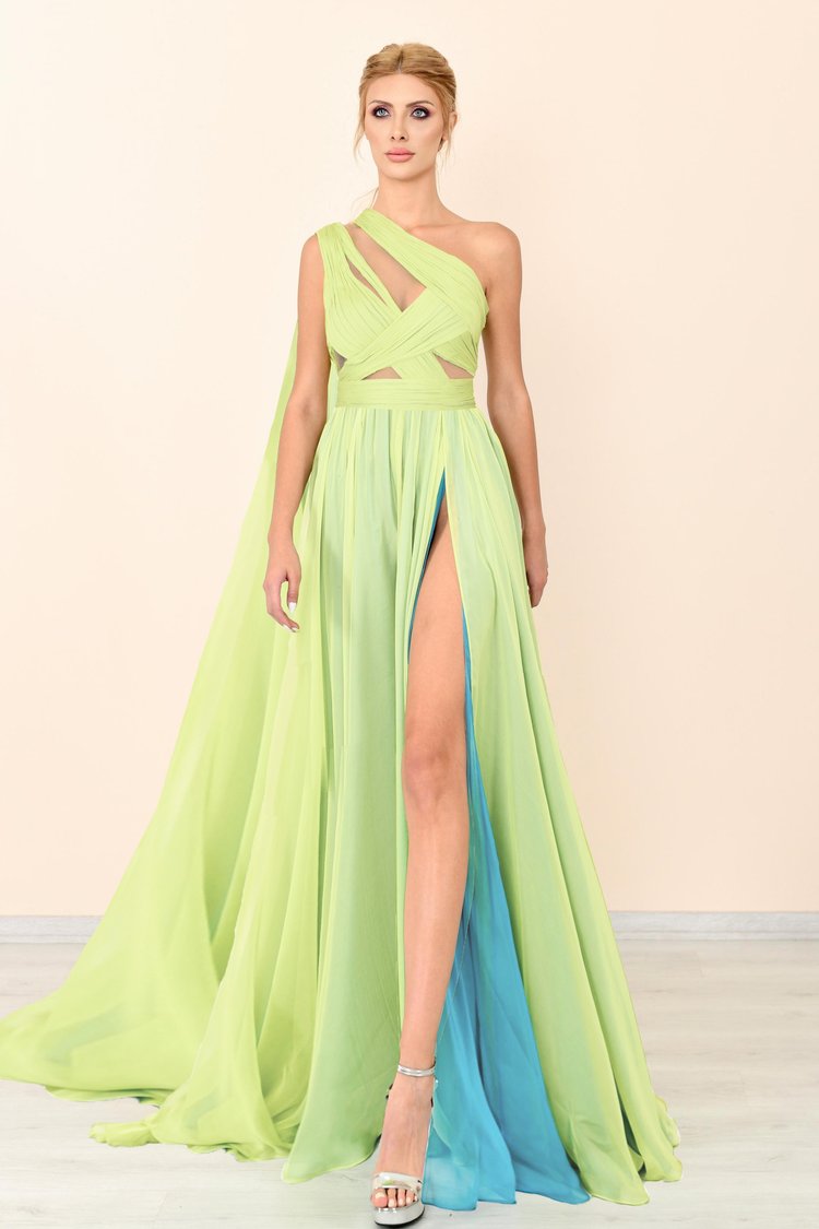 Cutout One Shoulder Pleated Slit Gown