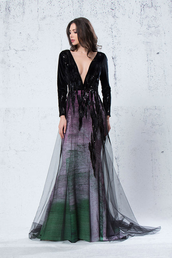 Long Sleeve Deep V Neck Gown