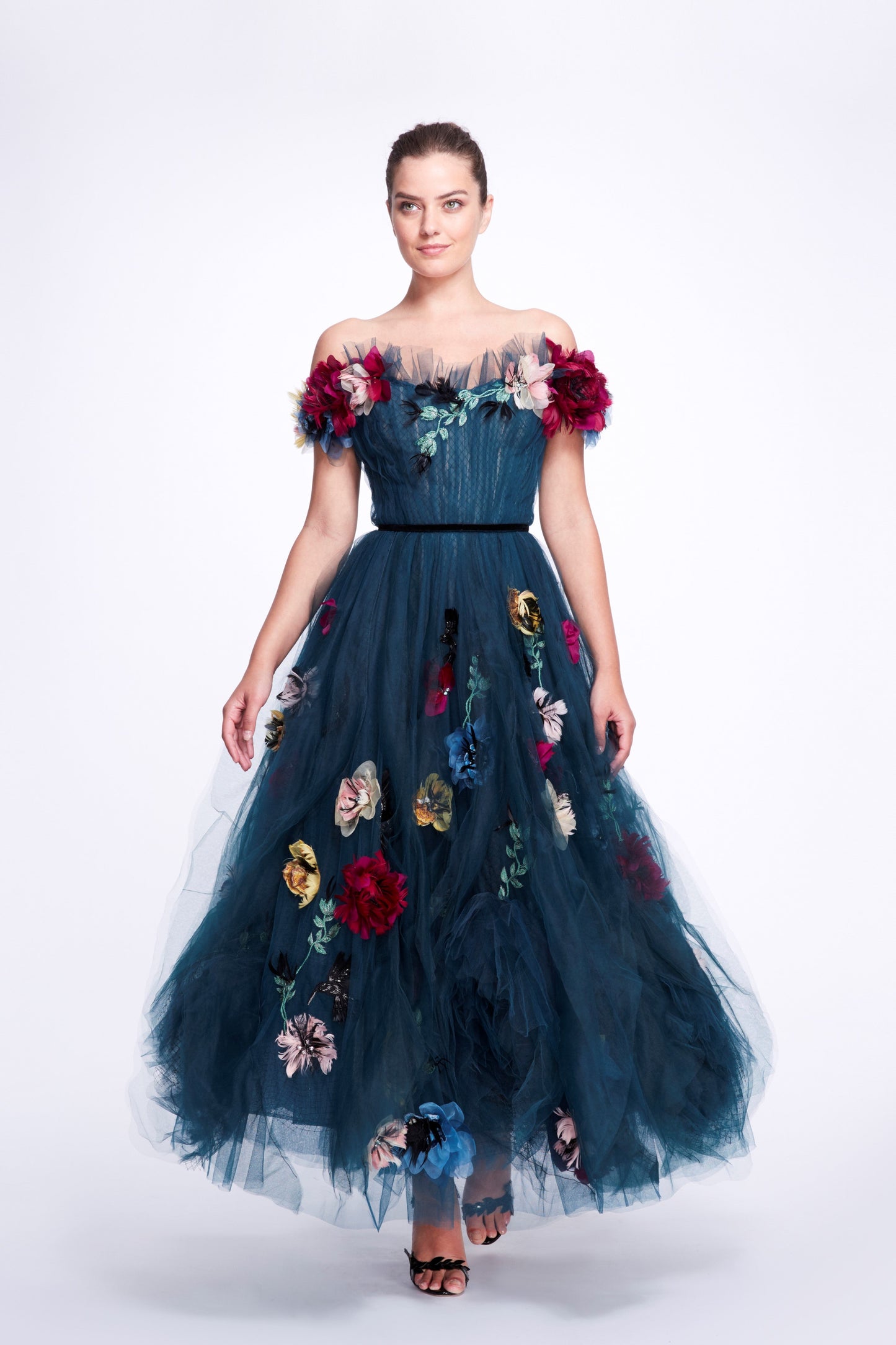 Off-the-Shoulder Tulle Tea Length Gown