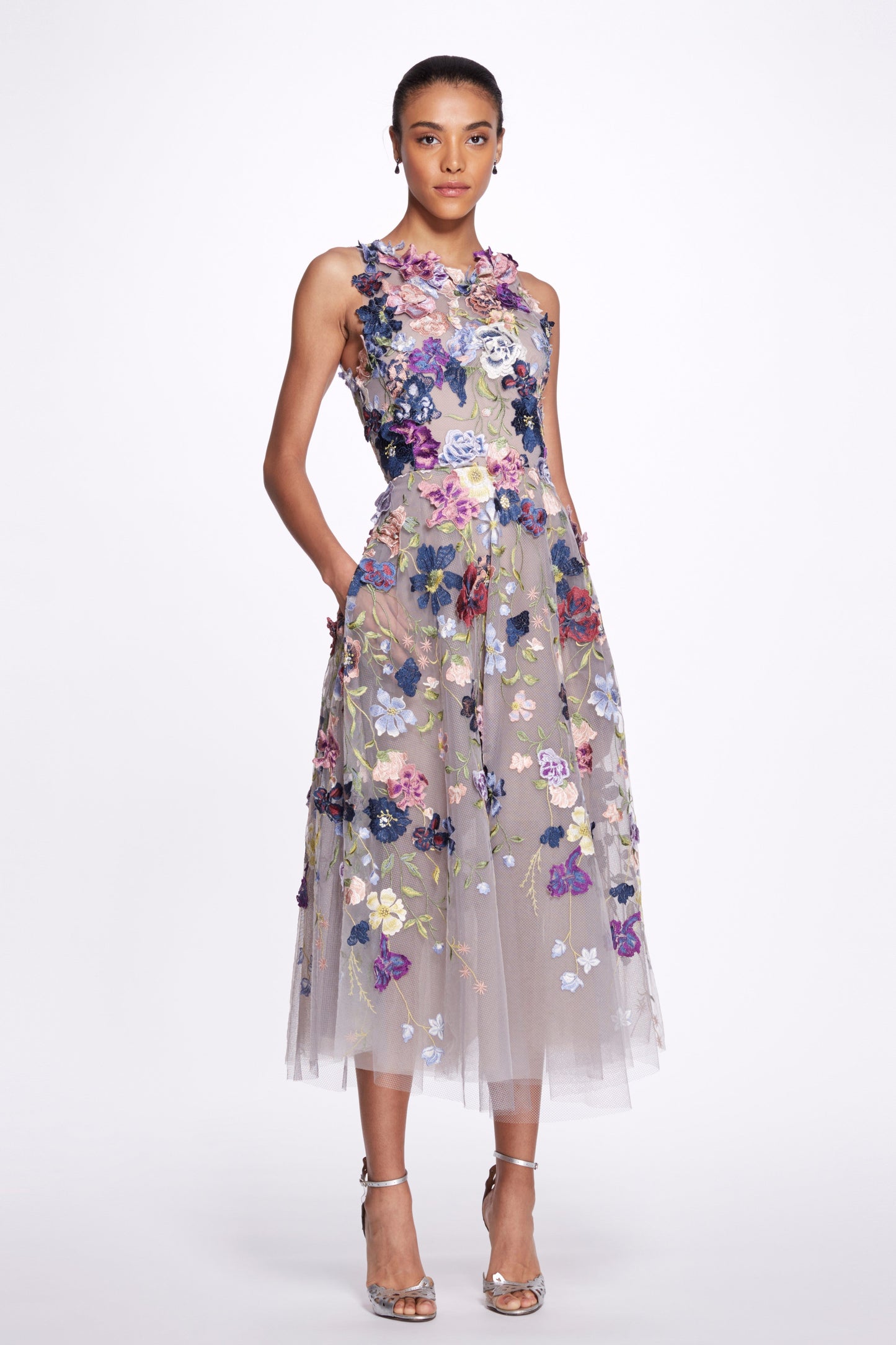 Floral Embroidered A-Line Midi Dress