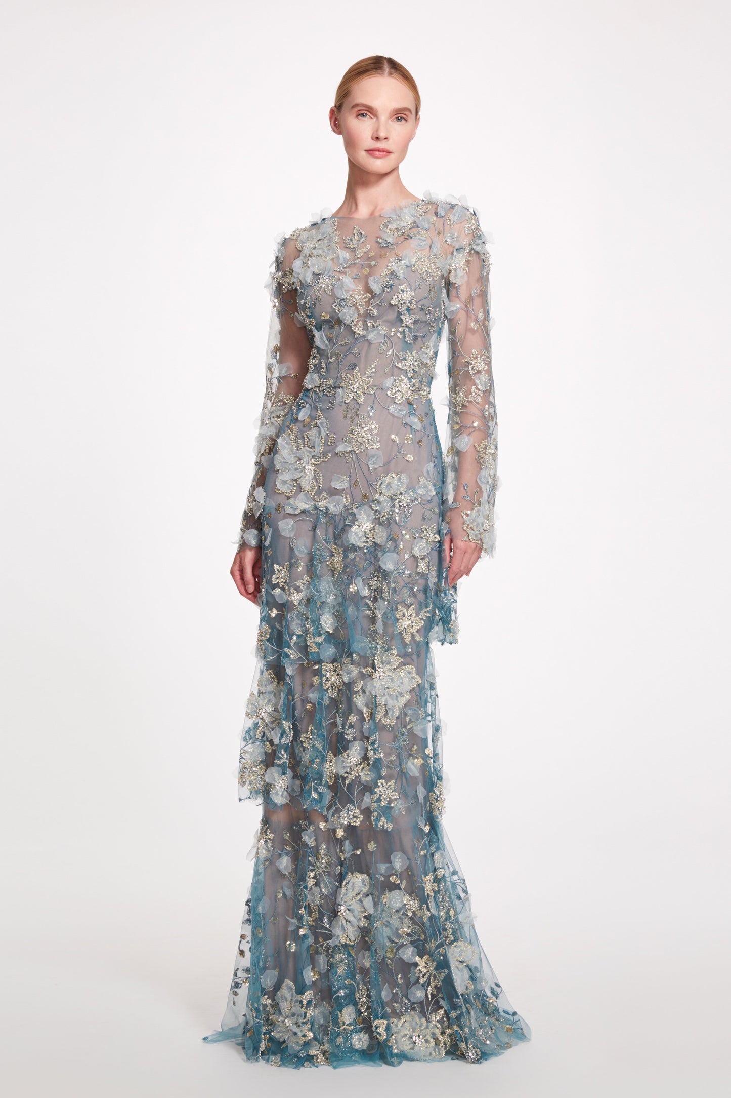 Long Sleeve 3-Tiered Column Gown