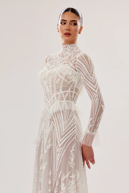 High-Neck Geometric Tulle A-Line Gown