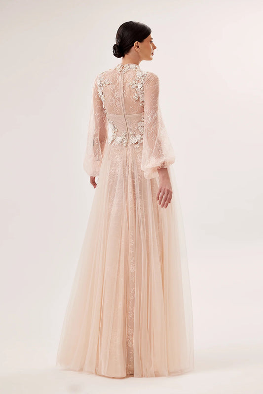 High-Neck Hand-Embroidered Lace-Under-Tulle Gown