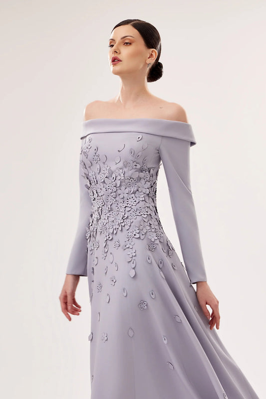 Off-Shoulder Crepe Midi Dress with 3D Florals