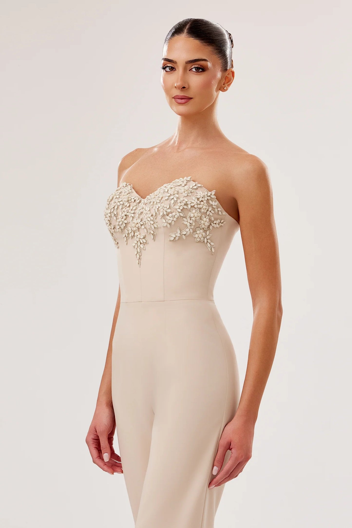 Crepe Jumpsuit with Embellished Sweetheart Bodice
