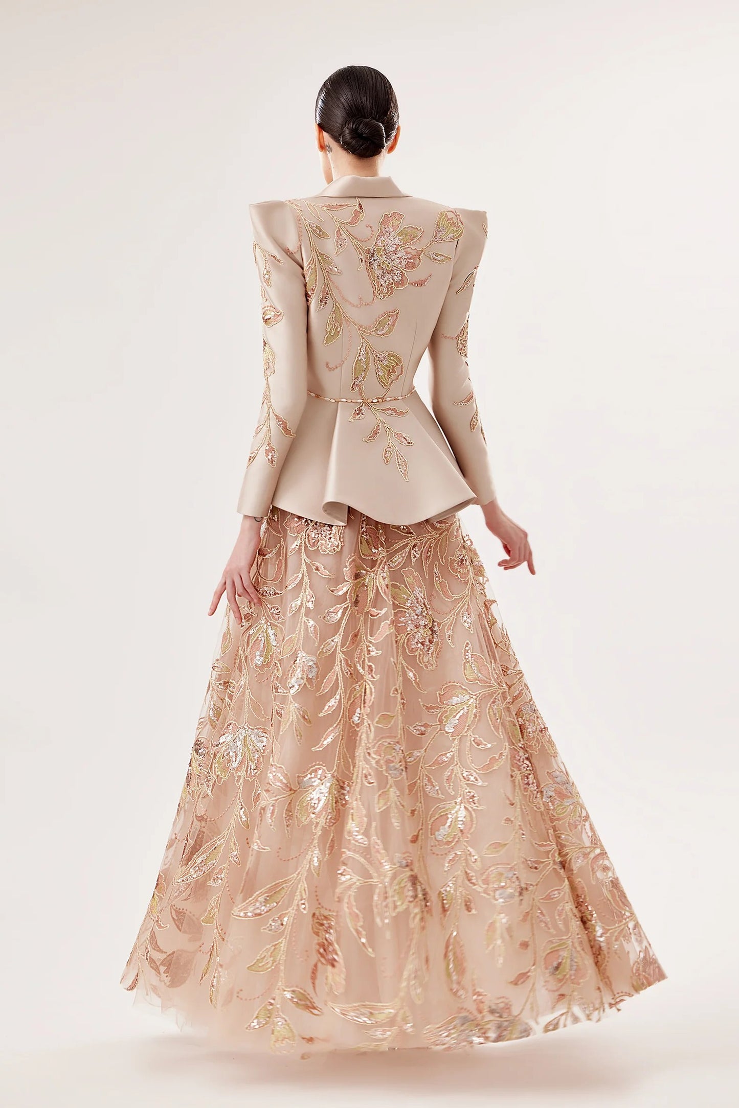 Embroidered Tulle Gown with Mikado Jacket & Crystal Belt