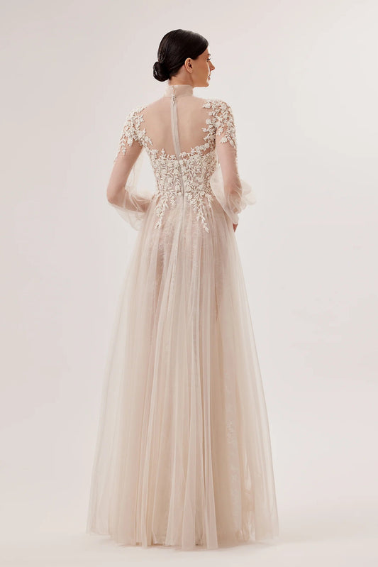 Hand-Embroidered Lace-Under-Tulle Gown with Bow Tie