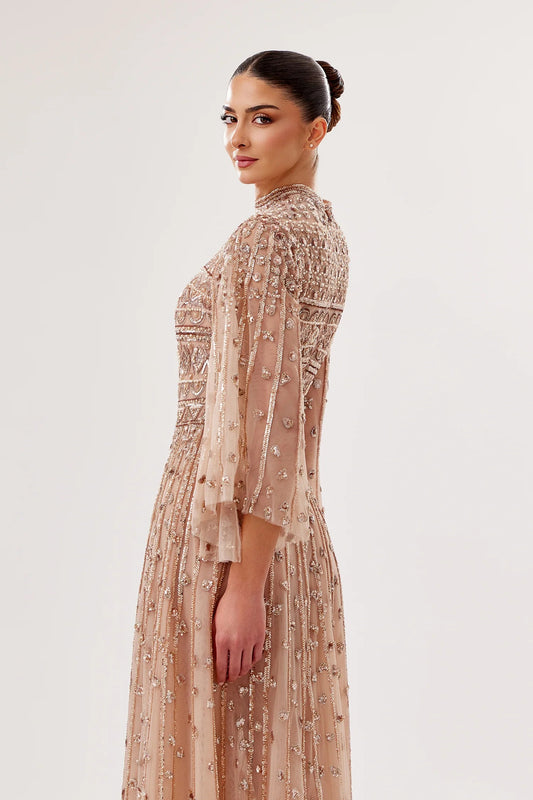 Flowy Embroidered Tulle Gown with Wide Sleeves