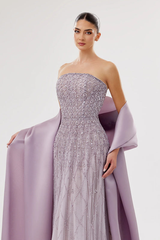 Strapless Embroidered Tulle Gown with Organza Drape