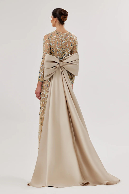Embroidered Gown with Oversized Back Bow
