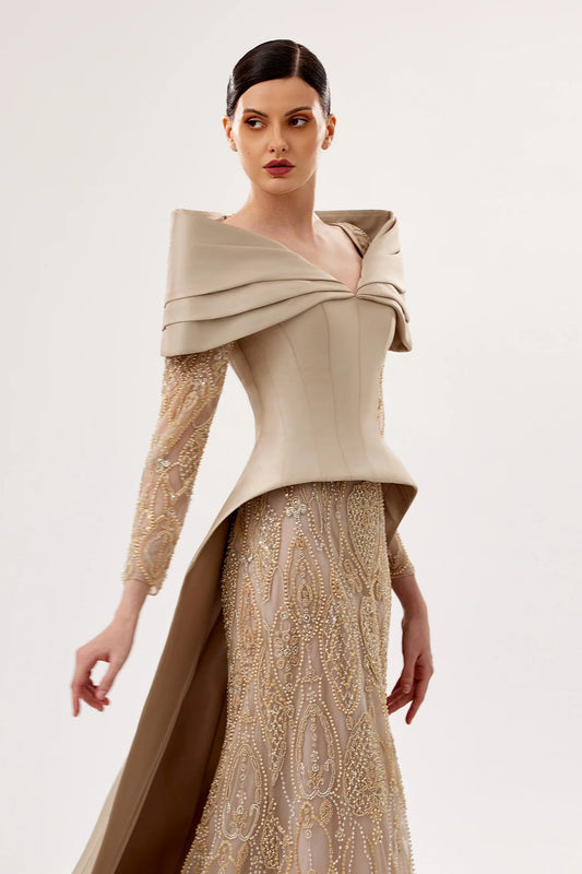 Mikado Off-Shoulder Gown with Embroidered Sleeves