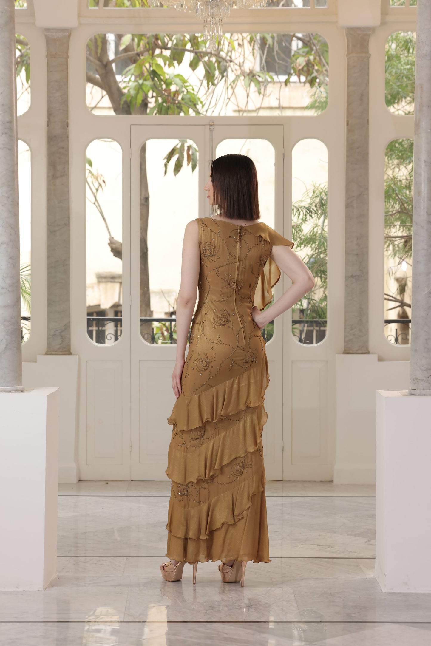 Silk Bronze Embroidered Muslin Gown