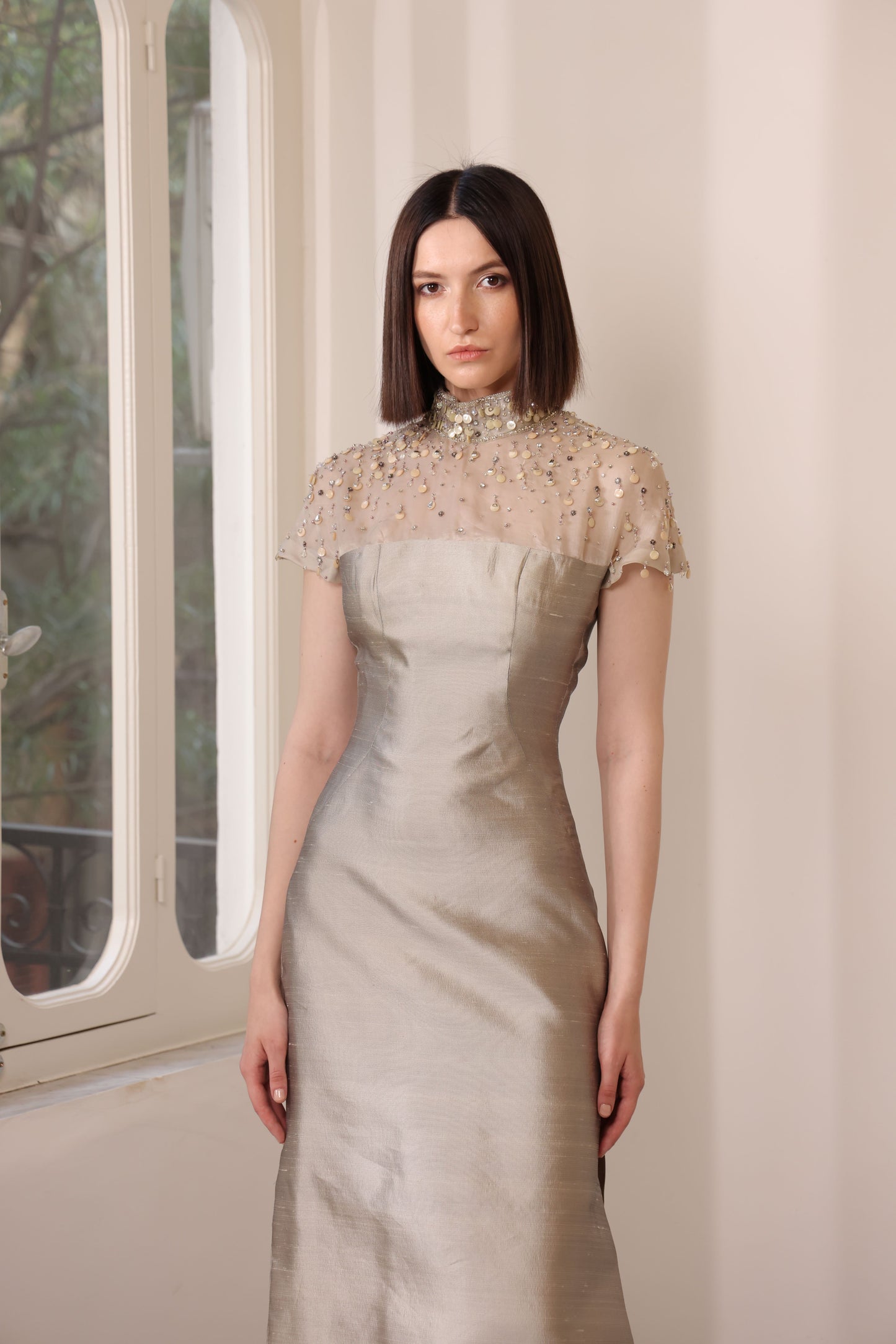 Silver Shantung Embroidered Dress