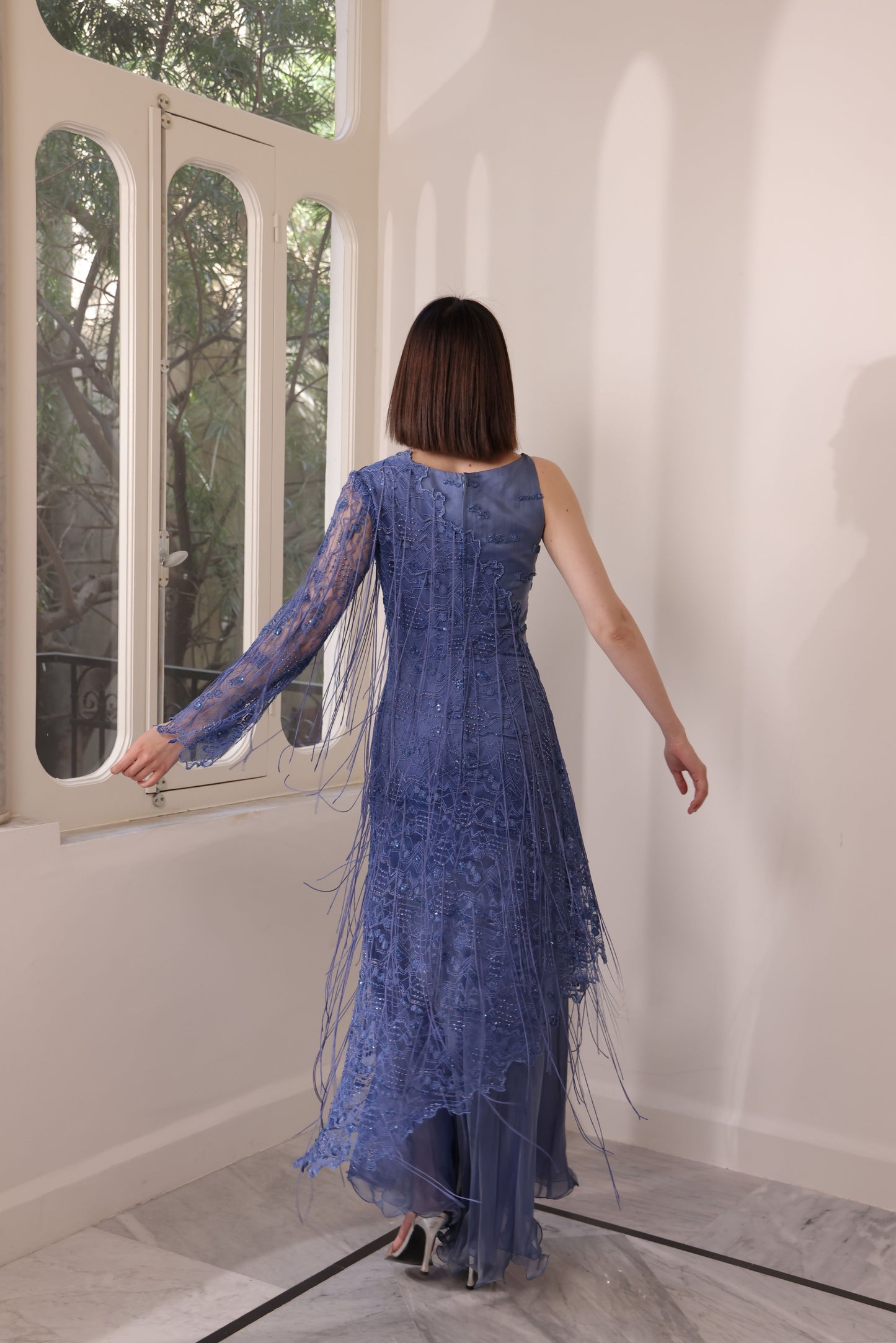 Silk Muslin Blue and Lace Gown