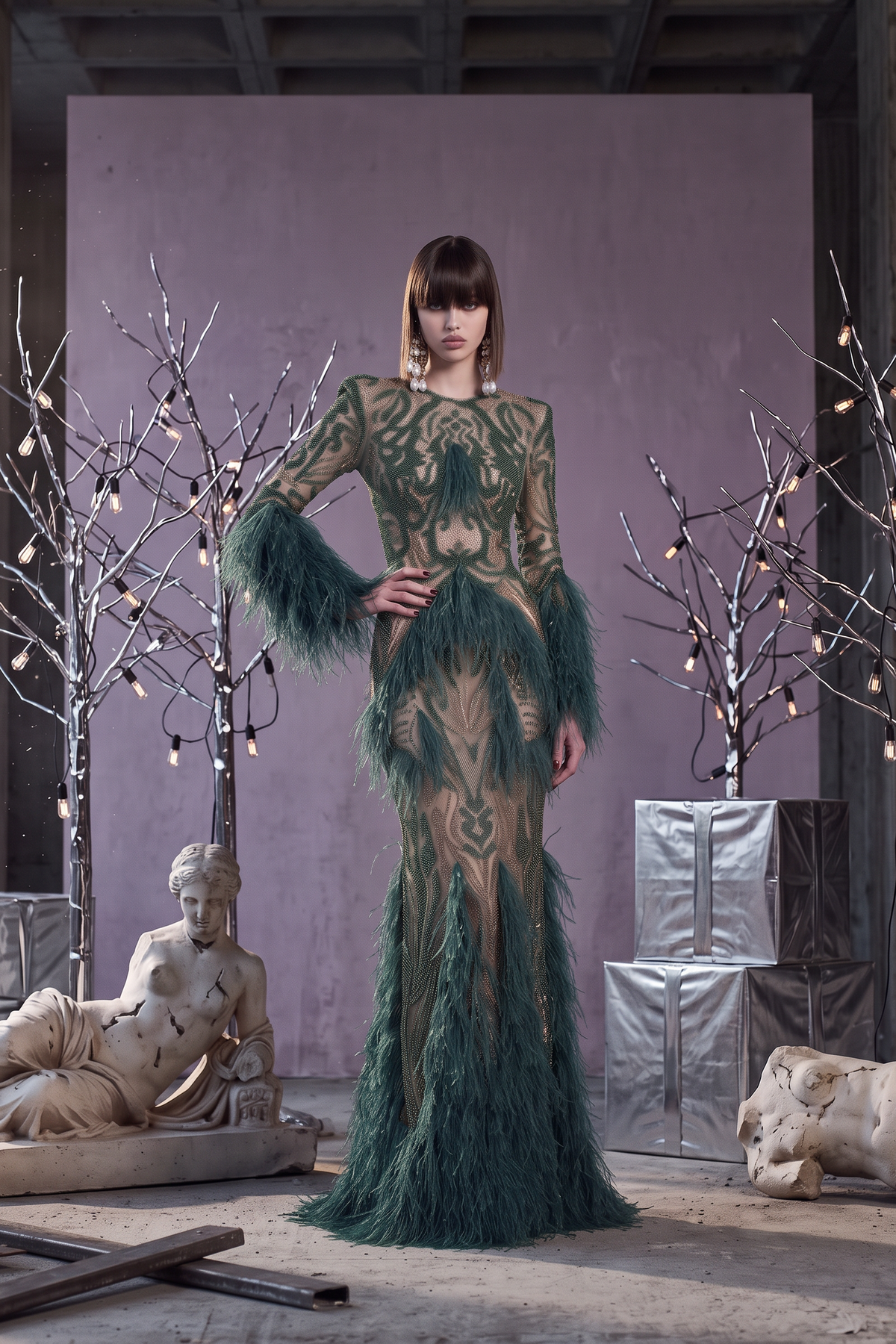 Feather Cuff Illusion Gown