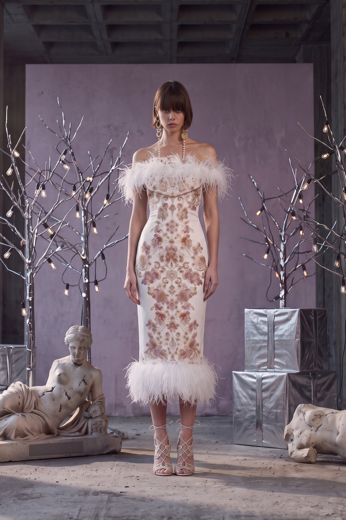 Feather Trim Floral Dress