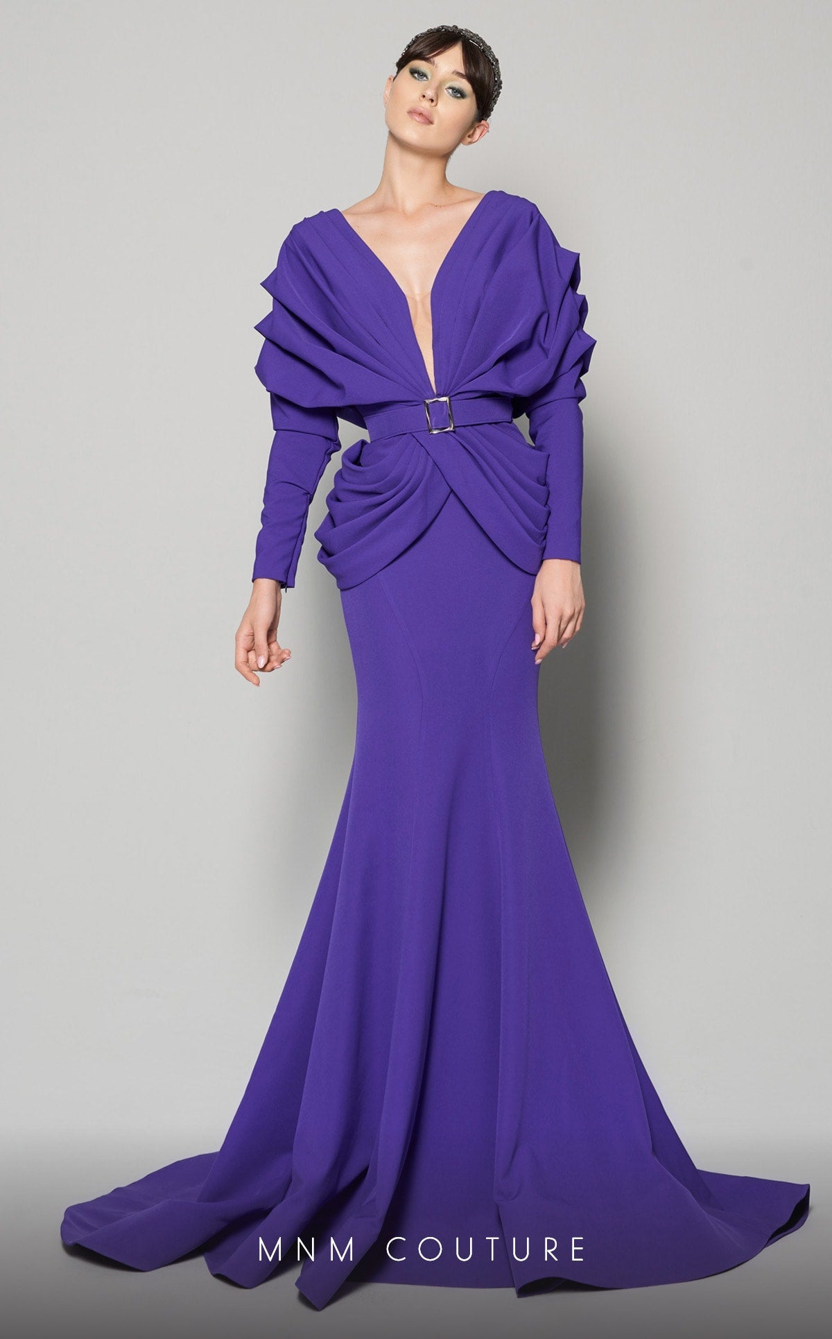 Ruffled Long Sleeve Trumpet Gown