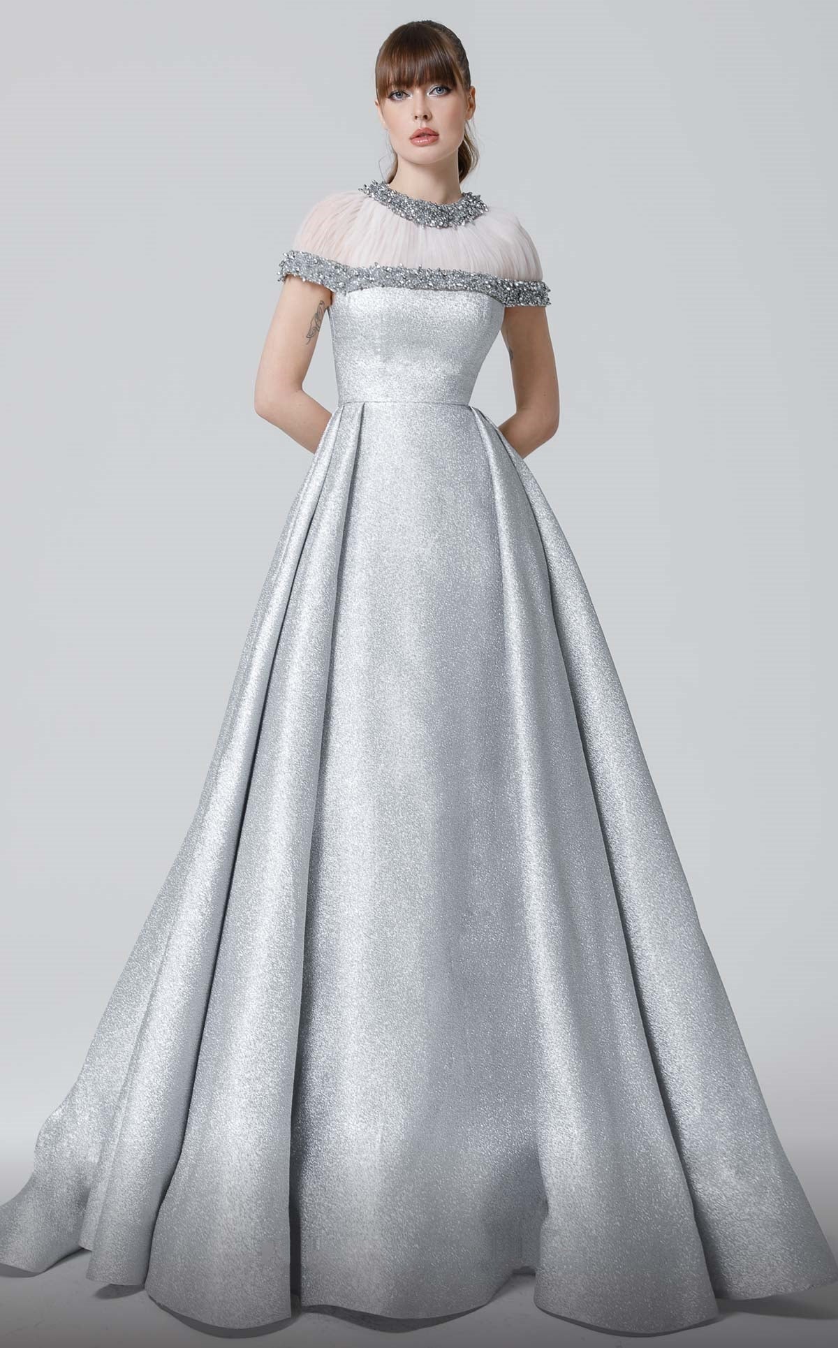 Short Sleeve High Neck Ball Gown
