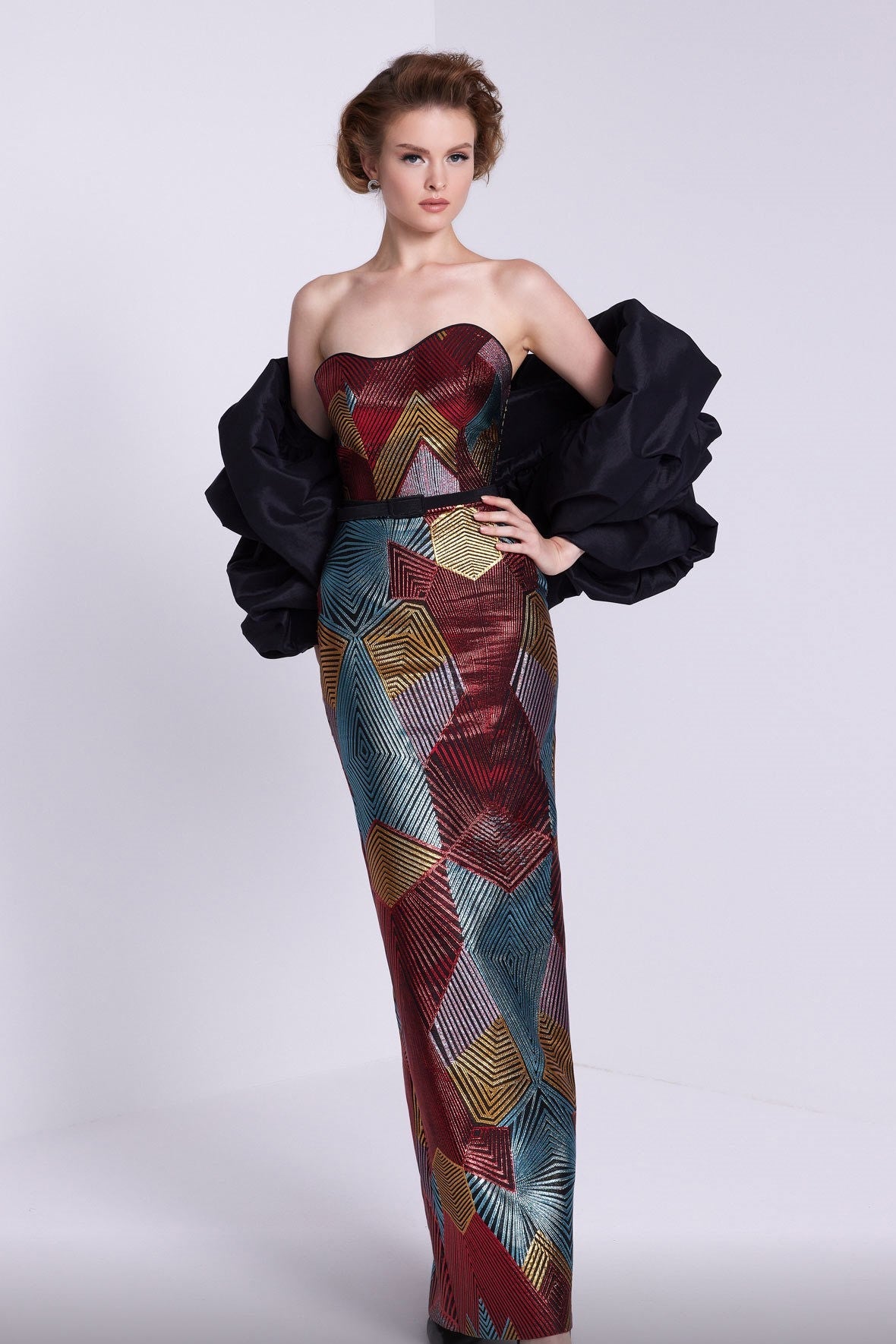 Strapless Gown with Ruffled Wrap