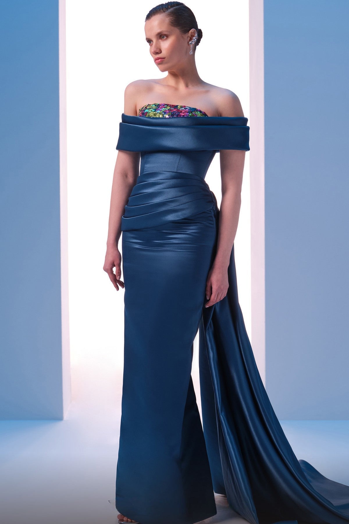 Off Shoulder Column Gown with Side Drape