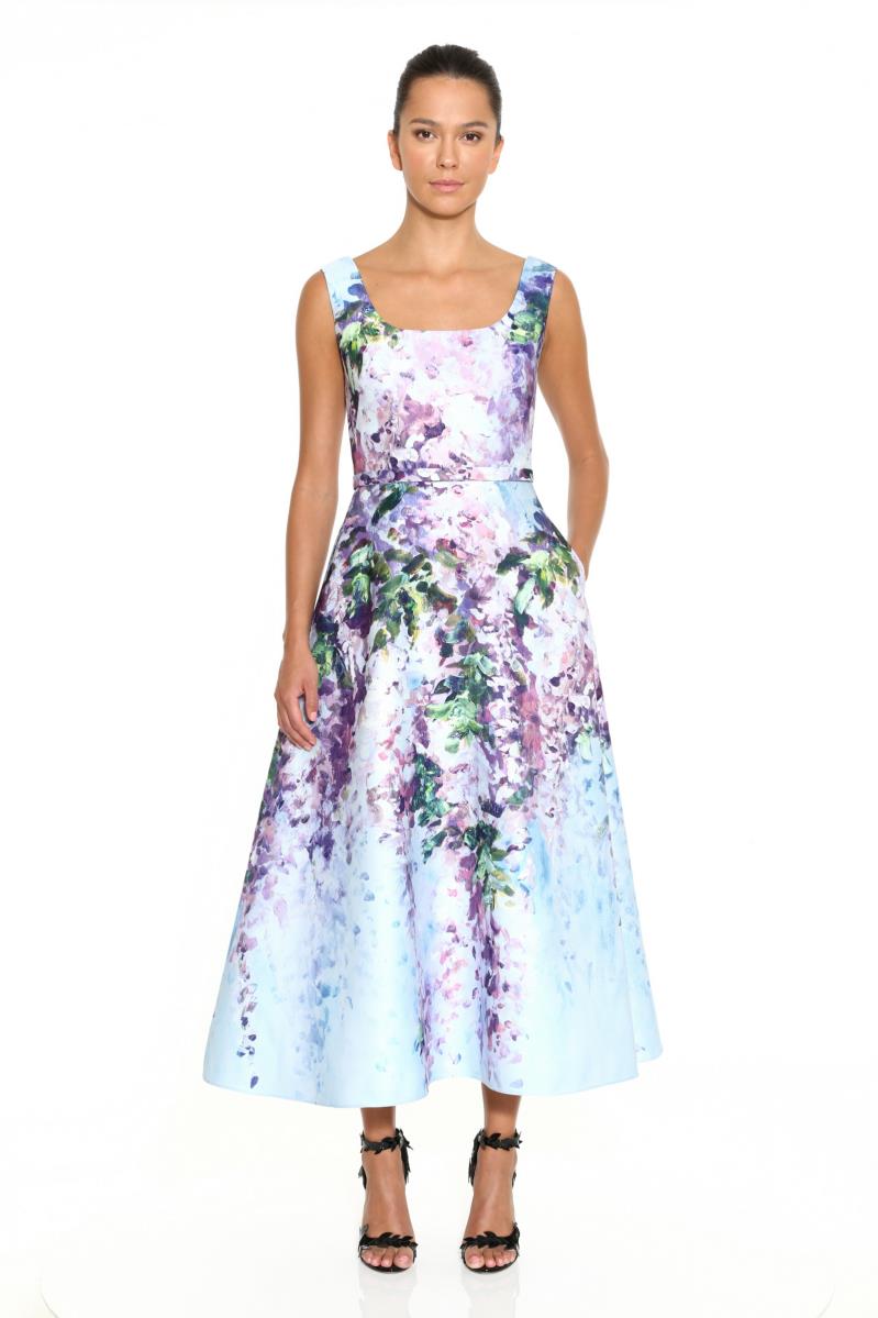 Sleeveless Printed Duchess Satin Tea-Length Gown