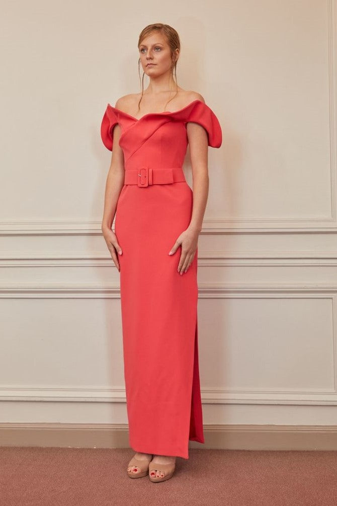 Off Shoulder Belted Column Gown