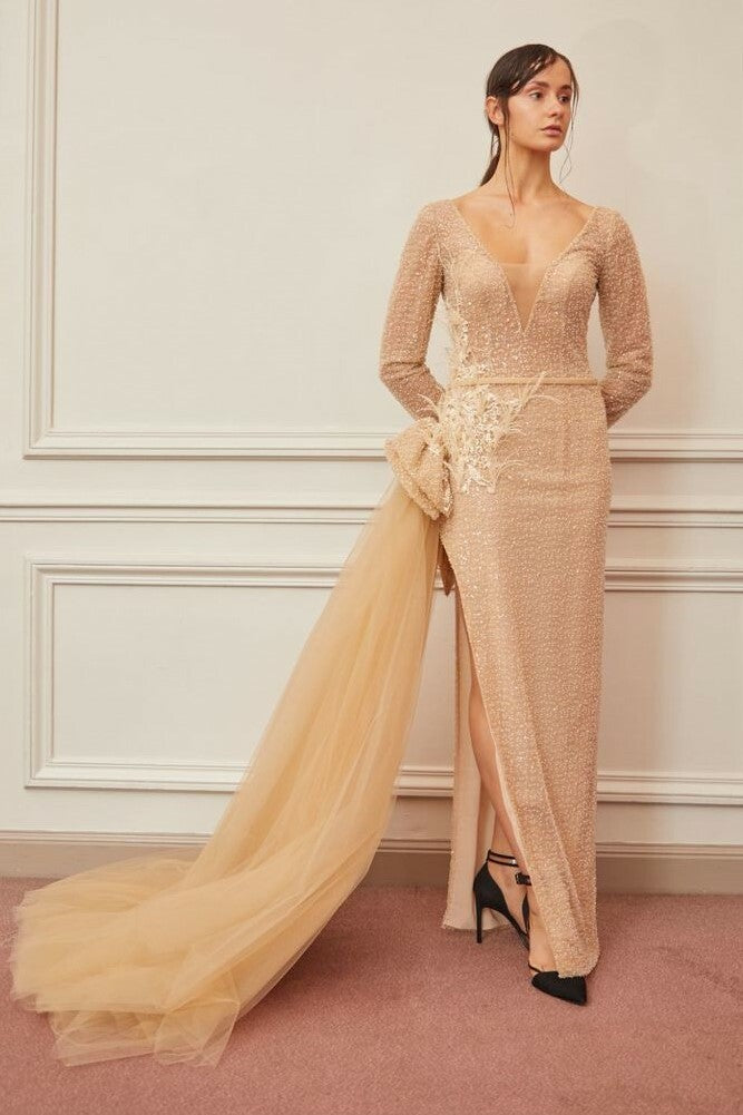 Long Sleeve Scoop Neck Slit Gown